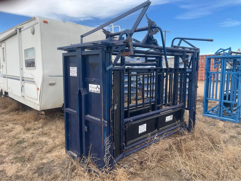 The Flying A Side Exit Cattle Squeeze Chute with Manual Headgate & Split Rear Tailgate