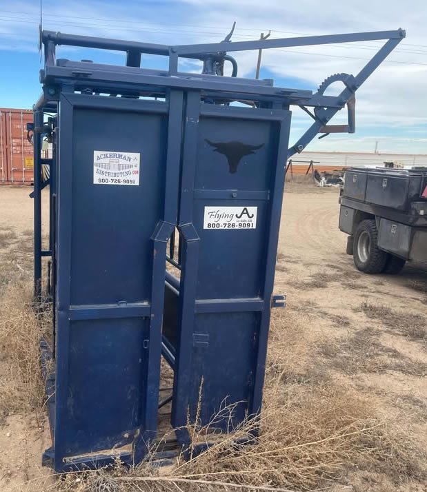 The Flying A Side Exit Cattle Squeeze Chute with Manual Headgate & Split Rear Tailgate