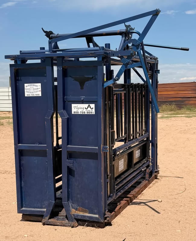 The Flying A Side Exit Cattle Squeeze Chute with Manual Headgate & Split Rear Tailgate