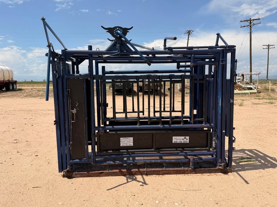 The Flying A Side Exit Cattle Squeeze Chute with Manual Headgate & Split Rear Tailgate