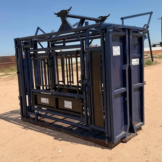 The Flying A Side Exit Cattle Squeeze Chute with Manual Headgate & Split Rear Tailgate